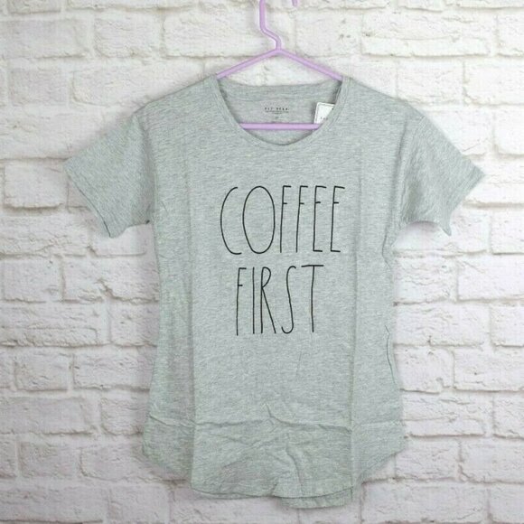 NWT Rae Dunn Coffee First Gray Tee T-Shirt XS - Picture 2 of 9